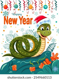 Funny greeting card Happy New Year of the Snake Smiling cartoon snake in Santa Claus hat serpentine Christmas tree balls snowflakes Happy New Year greetings Vector