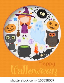 Funny  greeting card (invitation) with different Halloween pictures in paper style.