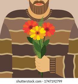 funny greeting card - a large bearded man in a sweater does not fit in the format, in his hand a bouquet of flowers. a drawing in the style of the cartoon. stock vector illustration. EPS 10.