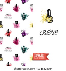 Funny greeting card with manicure pattern for girl, woman. Fashion nail art background and text: rsvp. Vector template with seamless backdrop and motivation quote. Watercolor style graphic.