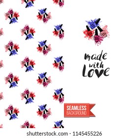 Funny greeting card with manicure pattern for girl, woman. Fashion nail art background and text: made with love. Vector template with seamless backdrop and motivation quote. Watercolor style graphic.