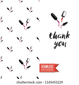 Funny greeting card with manicure pattern for girl, woman. Fashion nail art background and text: thank you. Vector template with seamless backdrop and motivation quote. Watercolor style graphic.