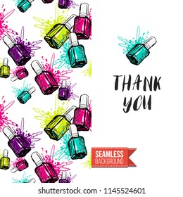 Funny greeting card with manicure pattern for girl, woman. Fashion nail art background and text: thank you. Vector template with seamless backdrop and motivation quote. Watercolor style graphic.