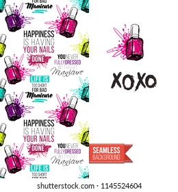 Funny greeting card with manicure pattern for girl, woman. Fashion nail art background and text: xoxo. Vector template with seamless backdrop and motivation quote. Watercolor style graphic.