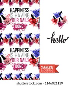 Funny greeting card with manicure pattern for girl, woman. Fashion nail art background and text: hello. Vector template with seamless backdrop and motivation quote. Watercolor style graphic.