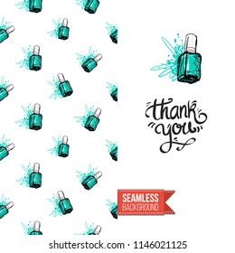 Funny greeting card with manicure pattern for girl, woman. Fashion nail art background and text: thank you. Vector template with seamless backdrop and motivation quote. Watercolor style graphic.