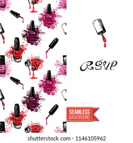 Funny greeting card with manicure pattern for girl, woman. Fashion nail art background and text: rsvp. Vector template with seamless backdrop and motivation quote. Watercolor style graphic.