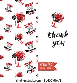 Funny greeting card with manicure pattern for girl, woman. Fashion nail art background and text: thank you. Vector template with seamless backdrop and motivation quote. Watercolor style graphic.