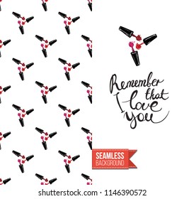 Funny greeting card with manicure pattern for girl, woman. Fashion nail art background and text: remember that i love you. Vector template with seamless backdrop and motivation quote.
