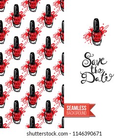 Funny greeting card with manicure pattern for girl, woman. Fashion nail art background and text: save the date. Vector template with seamless backdrop and motivation quote. Watercolor style graphic.