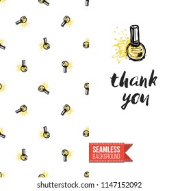 Funny greeting card with manicure pattern for girl, woman. Fashion nail art background and text: thank you. Vector template with seamless backdrop and motivation quote. Watercolor style graphic.