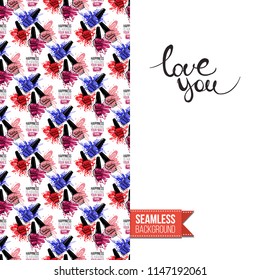 Funny greeting card with manicure pattern for girl, woman. Fashion nail art background and text: love you. Vector template with seamless backdrop and motivation quote. Watercolor style graphic.