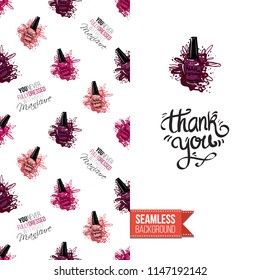 Funny greeting card with manicure pattern for girl, woman. Fashion nail art background and text: thank you. Vector template with seamless backdrop and motivation quote. Watercolor style graphic.