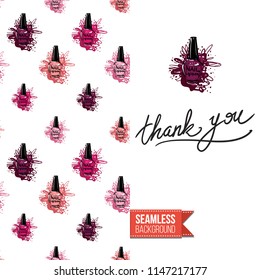 Funny greeting card with manicure pattern for girl, woman. Fashion nail art background and text: thank you. Vector template with seamless backdrop and motivation quote. Watercolor style graphic.