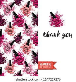 Funny greeting card with manicure pattern for girl, woman. Fashion nail art background and text: thank you. Vector template with seamless backdrop and motivation quote. Watercolor style graphic.