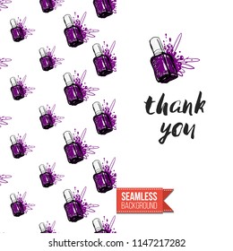 Funny greeting card with manicure pattern for girl, woman. Fashion nail art background and text: thank you. Vector template with seamless backdrop and motivation quote. Watercolor style graphic.