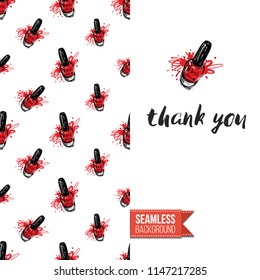 Funny greeting card with manicure pattern for girl, woman. Fashion nail art background and text: thank you. Vector template with seamless backdrop and motivation quote. Watercolor style graphic.