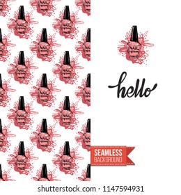 Funny greeting card with manicure pattern for girl, woman. Fashion nail art background and text: hello. Vector template with seamless backdrop and motivation quote. Watercolor style graphic.