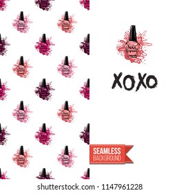 Funny greeting card with manicure pattern for girl, woman. Fashion nail art background and text: xoxo. Vector template with seamless backdrop and motivation quote. Watercolor style graphic.