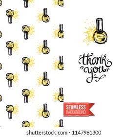 Funny greeting card with manicure pattern for girl, woman. Fashion nail art background and text: thank you. Vector template with seamless backdrop and motivation quote. Watercolor style graphic.