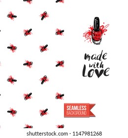 Funny greeting card with manicure pattern for girl, woman. Fashion nail art background and text: made with love. Vector template with seamless backdrop and motivation quote. Watercolor style graphic.