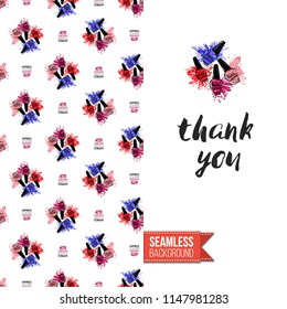 Funny greeting card with manicure pattern for girl, woman. Fashion nail art background and text: thank you. Vector template with seamless backdrop and motivation quote. Watercolor style graphic.