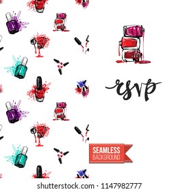 Funny greeting card with manicure pattern for girl, woman. Fashion nail art background and text: rsvp. Vector template with seamless backdrop and motivation quote. Watercolor style graphic.