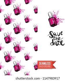 Funny greeting card with manicure pattern for girl, woman. Fashion nail art background and text: save the date. Vector template with seamless backdrop and motivation quote. Watercolor style graphic.