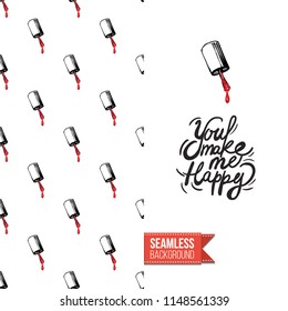 Funny greeting card with manicure pattern for girl, woman. Fashion nail art background and text: you make me happy. Vector template with seamless backdrop and motivation quote.