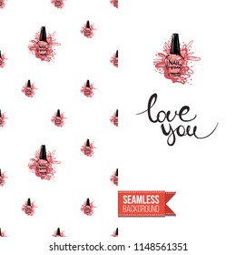 Funny greeting card with manicure pattern for girl, woman. Fashion nail art background and text: love you. Vector template with seamless backdrop and motivation quote. Watercolor style graphic.