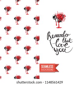 Funny greeting card with manicure pattern for girl, woman. Fashion nail art background and text: remember that i love you. Vector template with seamless backdrop and motivation quote.