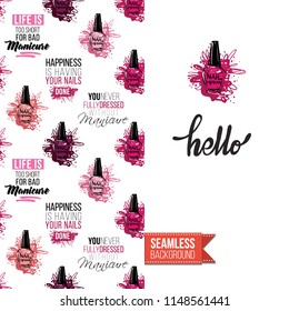 Funny greeting card with manicure pattern for girl, woman. Fashion nail art background and text: hello. Vector template with seamless backdrop and motivation quote. Watercolor style graphic.