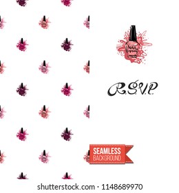 Funny greeting card with manicure pattern for girl, woman. Fashion nail art background and text: rsvp. Vector template with seamless backdrop and motivation quote. Watercolor style graphic.