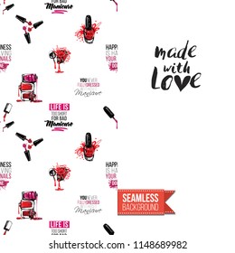 Funny greeting card with manicure pattern for girl, woman. Fashion nail art background and text: made with love. Vector template with seamless backdrop and motivation quote. Watercolor style graphic.