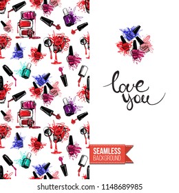 Funny greeting card with manicure pattern for girl, woman. Fashion nail art background and text: love you. Vector template with seamless backdrop and motivation quote. Watercolor style graphic.