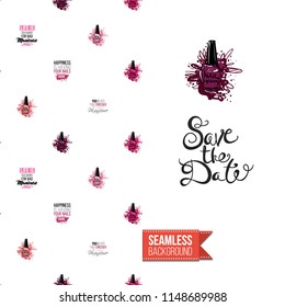 Funny greeting card with manicure pattern for girl, woman. Fashion nail art background and text: save the date. Vector template with seamless backdrop and motivation quote. Watercolor style graphic.