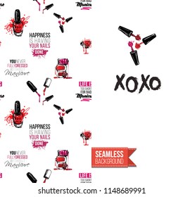 Funny greeting card with manicure pattern for girl, woman. Fashion nail art background and text: xoxo. Vector template with seamless backdrop and motivation quote. Watercolor style graphic.
