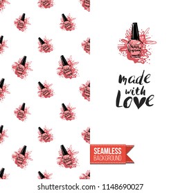 Funny greeting card with manicure pattern for girl, woman. Fashion nail art background and text: made with love. Vector template with seamless backdrop and motivation quote. Watercolor style graphic.