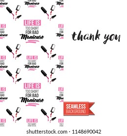 Funny greeting card with manicure pattern for girl, woman. Fashion nail art background and text: thank you. Vector template with seamless backdrop and motivation quote. Watercolor style graphic.