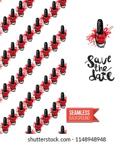 Funny greeting card with manicure pattern for girl, woman. Fashion nail art background and text: save the date. Vector template with seamless backdrop and motivation quote. Watercolor style graphic.