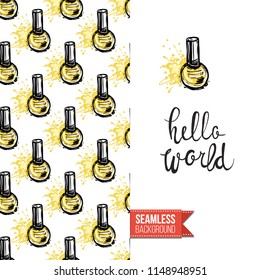 Funny greeting card with manicure pattern for girl, woman. Fashion nail art background and text: hello world. Vector template with seamless backdrop and motivation quote. Watercolor style graphic.