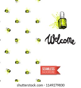Funny greeting card with manicure pattern for girl, woman. Fashion nail art background and text: welcome. Vector template with seamless backdrop and motivation quote. Watercolor style graphic.