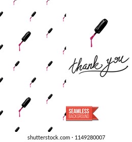 Funny greeting card with manicure pattern for girl, woman. Fashion nail art background and text: thank you. Vector template with seamless backdrop and motivation quote. Watercolor style graphic.