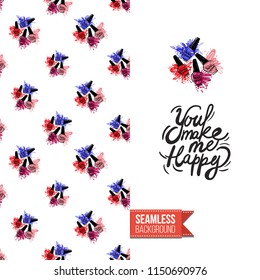Funny greeting card with manicure pattern for girl, woman. Fashion nail art background and text: you make me happy. Vector template with seamless backdrop and motivation quote.