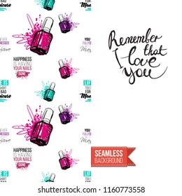 Funny greeting card with manicure pattern for girl, woman. Fashion nail art background and text: remember that i love you. Vector template with seamless backdrop and motivation quote.