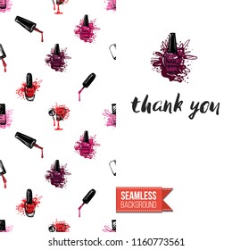 Funny greeting card with manicure pattern for girl, woman. Fashion nail art background and text: thank you. Vector template with seamless backdrop and motivation quote. Watercolor style graphic.