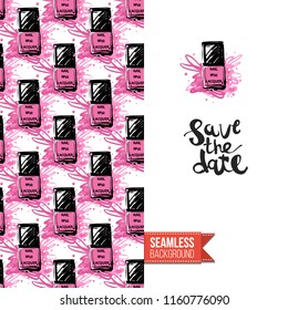 Funny greeting card with manicure pattern for girl, woman. Fashion nail art background and text: save the date. Vector template with seamless backdrop and motivation quote. Watercolor style graphic.