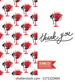 Funny greeting card with manicure pattern for girl, woman. Fashion nail art background and text: thank you. Vector template with seamless backdrop and motivation quote. Watercolor style graphic.