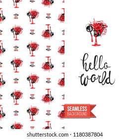 Funny greeting card with manicure pattern for girl, woman. Fashion nail art background and text: hello world. Vector template with backdrop and motivation quote. Watercolor style graphic.