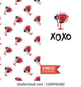 Funny greeting card with manicure pattern for girl, woman. Fashion nail art background and text: xoxo. Vector template with seamless backdrop and motivation quote. Watercolor style graphic.